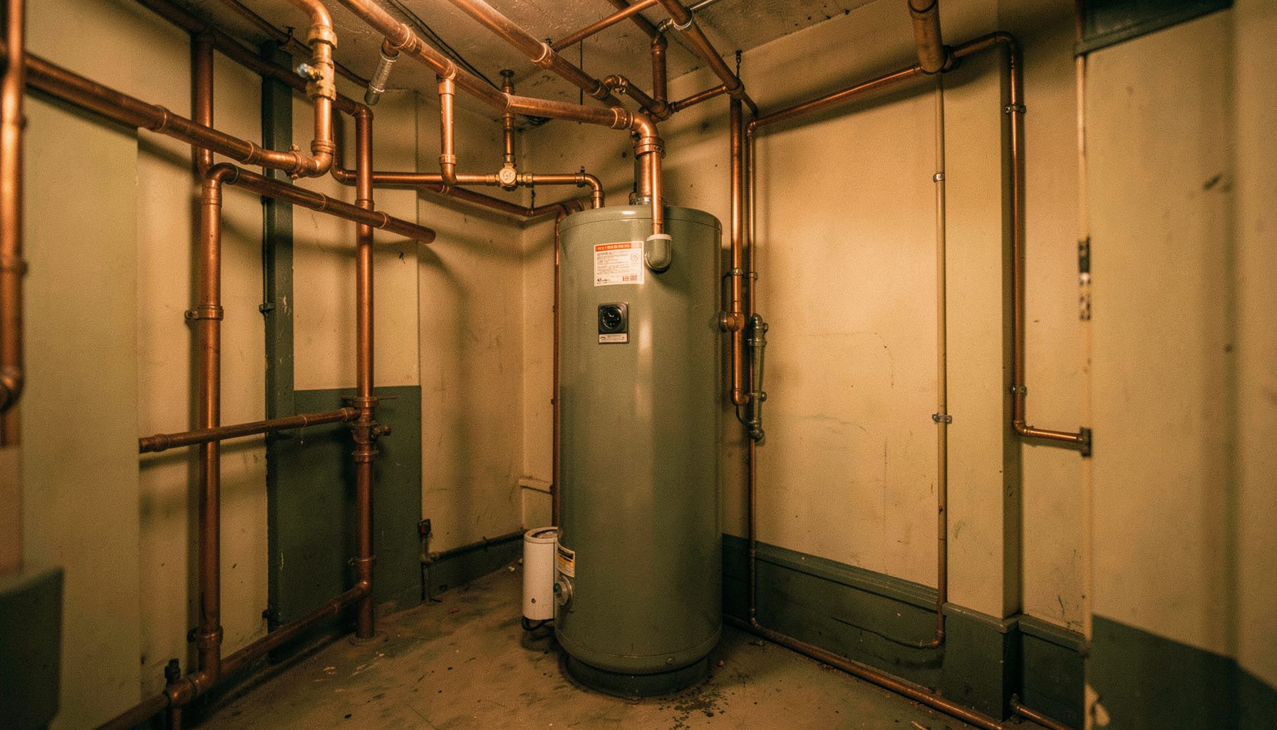 A neatly organized mechanical room with a recently serviced water heater tank and copper piping, warm ambient light